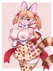 Rule 34 | 1girl, animal costume, animal ears, animal print, aramaru, blush, breasts, breasts out, brown eyes, clothes lift, clothes pull, curvy, flashing, frilled straps, gloves, highres, kemono friends, kemono friends v project, large-spotted genet (kemono friends), large breasts, lifted by self, light brown hair, looking at viewer, multicolored clothes, multicolored legwear, nipples, print gloves, print skirt, print sleeves, print thighhighs, puffy nipples, pulled by self, shikoomaru, skirt, smile, solo, standing, sweatdrop, tail, thighhighs, twintails, virtual youtuber, wide hips