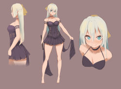 Rule 34 | 1girl, absurdres, bad id, bad pixiv id, bare legs, barefoot, black choker, black dress, blue eyes, blue hair, breasts, brown background, chinese commentary, choker, cleavage, closed mouth, collarbone, commentary request, dress, hair ribbon, highres, holding, holding instrument, instrument, liangzi tai hongcha, long hair, looking at viewer, medium breasts, multiple views, off-shoulder dress, off shoulder, original, pointy ears, ribbon, smile, yellow ribbon
