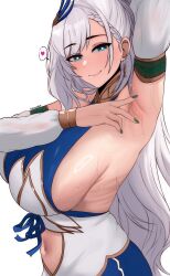 Rule 34 | 1girl, absurdres, arm up, armpits, blue eyes, breasts, closed mouth, detached sleeves, earrings, edmun6969, green nails, heart, highres, hololive, hololive indonesia, jewelry, large breasts, long hair, looking at viewer, nail polish, pavolia reine, pavolia reine (1st costume), presenting armpit, sideboob, simple background, smile, solo, spoken heart, sweat, very long hair, virtual youtuber, white background, white hair