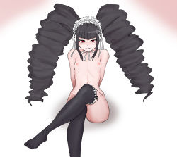 Rule 34 | 1girl, black footwear, black hair, black thighhighs, blush, bottomless, bow, celestia ludenberg, convenient censoring, crossed legs, danganronpa: trigger happy havoc, danganronpa (series), drill hair, female focus, frilled headband, frilled thighhighs, frills, gradient background, hair bow, highres, leaning back, long hair, looking at viewer, navel, nipples, nude, pink background, red eyes, seongkun (agn000), sitting, smile, solo, thighhighs, toes, topless, twin drills, white background, white bow, white headwear