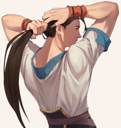 Rule 34 | 1boy, asagi (banzoku210), black eyes, black hair, expressionless, fei fong wong, highres, long hair, male focus, muscular, muscular male, ponytail, profile, shirt, short sleeves, simple background, solo, tying hair, upper body, white background, white shirt, wrist cuffs, xenogears