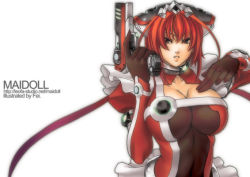 Rule 34 | abs, breasts, cleavage, fei (maidoll), frills, gun, large breasts, original, red eyes, red hair, solo, trigger discipline, weapon