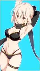 Rule 34 | 1girl, ahoge, armpits, arms up, bikini, black bikini, black bow, black gloves, black scarf, blonde hair, blue background, blush, border, bow, breasts, brown eyes, cleavage, closed mouth, commentary request, cowboy shot, elbow gloves, fate/grand order, fate (series), gloves, hair bow, highres, kurakuru, large breasts, looking at viewer, navel, official alternate costume, okita j. souji (fate), okita j. souji (first ascension) (fate), okita souji (fate), scarf, short hair, simple background, single glove, smile, solo, standing, swimsuit, white border