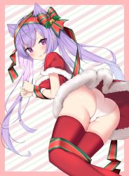 Rule 34 | 1girl, absurdres, artist request, ass, blush, bound, bound legs, bound wrists, breasts, cameltoe, capelet, christmas, cone hair bun, dress, embarrassed, from behind, genshin impact, hair bun, hair ornament, hair ribbon, highres, keqing (genshin impact), long hair, looking at viewer, open mouth, panties, parted lips, purple eyes, purple hair, red thighhighs, ribbon, santa costume, santa dress, shiny skin, sideboob, solo, thighhighs, thighs, twintails, underwear, very long hair