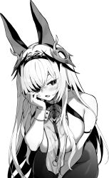 1girl animal_ears azur_lane azur_lane:_slow_ahead bent_over black_pantyhose blush breasts crossed_bangs eyepatch fake_animal_ears fritz_rumey_(azur_lane) fritz_rumey_(schwarzes_kaninchen)_(azur_lane) greyscale hand_on_own_cheek hand_on_own_face highres hori_(hori_no_su) huge_breasts leotard monochrome official_alternate_costume official_art open_mouth pantyhose playboy_bunny rabbit_ears simple_background solo white_background wrist_cuffs