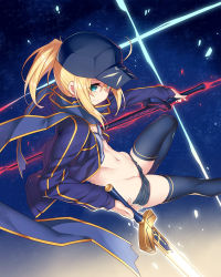 Rule 34 | 1girl, ahoge, artoria pendragon (fate), baseball cap, blonde hair, breasts, cleavage, dual wielding, excalibur (fate/stay night), excalibur morgan (fate), fate/grand order, fate (series), glowing, glowing sword, glowing weapon, green eyes, groin, hat, holding, jacket, kodama yuu, long sleeves, looking at viewer, midriff, mysterious heroine x (fate), navel, ponytail, reverse grip, rojiura satsuki : chapter heroine sanctuary, saber (fate), scarf, short hair, short shorts, shorts, sidelocks, small breasts, smile, solo, sword, thighhighs, track jacket, weapon