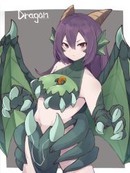 Rule 34 | 1girl, animal hands, bare shoulders, breasts, brown eyes, claws, commentary, dragon (monster girl encyclopedia), dragon wings, fins, grey background, hair between eyes, head fins, highres, horns, large breasts, long hair, looking at viewer, monster girl, monster girl encyclopedia, purple hair, simple background, solo, symbol-only commentary, wings, yonaga san