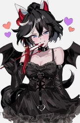Rule 34 | 1girl, absurdres, alternate costume, animal ears, bare shoulders, black dress, black gloves, black hair, blue eyes, blush, breasts, commentary request, cowboy shot, dress, ear covers, earrings, elbow gloves, fake horns, fake wings, frilled dress, frills, gloves, grin, halloween costume, heart, highres, horns, horse ears, horse girl, horse tail, jewelry, katsuragi ace (umamusume), looking at viewer, m75255831, medium breasts, medium hair, multicolored hair, ponytail, simple background, smile, solo, streaked hair, tail, tassel, tassel earrings, umamusume, white background, wings