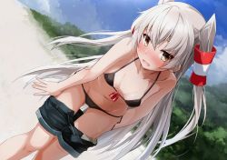 Rule 34 | 10s, 1girl, amatsukaze (kancolle), bent over, bikini, black bikini, blue sky, blush, breasts, brown eyes, clothes pull, day, denim, denim shorts, dutch angle, embarrassed, front-tie bikini top, front-tie top, grey hair, hair tubes, kantai collection, long hair, looking at viewer, navel, open fly, open mouth, open pants, outdoors, pants, pants pull, pulling own clothes, short shorts, shorts, side-tie bikini bottom, sky, small breasts, solo, string bikini, sweatdrop, swimsuit, takanashi kei (hitsujikan), two side up, very long hair, wavy mouth