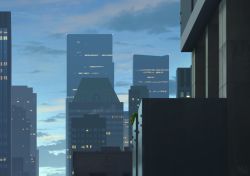 Rule 34 | artist name, blue sky, building, bush, city, cityscape, cloud, commentary request, light, morning, no humans, ogata tank, original, outdoors, scenery, sky, sunrise, united states, watermark