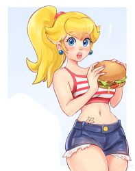 Rule 34 | 1girl, artist name, blonde hair, blue eyes, breasts, burger, cleavage, denim, denim shorts, highres, large breasts, legs, long hair, looking at viewer, mario (series), midriff, navel, nintendo, open mouth, pink lips, ponytail, princess peach, short shorts, shorts, solo, stomach tattoo, tank top, tattoo, tattoo on belly, teeth, thick thighs, thighs, topsieturvy