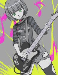 Rule 34 | 1girl, belt, bob cut, breasts, choker, dutch angle, eighth note, electric guitar, green eyes, greyscale, guitar, hair ornament, heart, heart choker, highres, instrument, kuku (laser beamer), long bangs, long sleeves, medium hair, monochrome, music, musical note, original, pin, playing guitar, playing instrument, short shorts, shorts, skull hair ornament, sleeves rolled up, small breasts, solo, spot color, sticker, striped sleeves, thighhighs, torn clothes, torn shorts, torn thighhighs