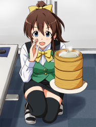 Rule 34 | 1girl, bamboo steamer, black skirt, black thighhighs, blue eyes, bow, bowtie, breasts, brown hair, buttons, commentary, cosplay, desk, dumpling, food, green vest, hair between eyes, hair bow, hand up, holding, holding tray, idolmaster, idolmaster million live!, indoors, legs, lielos, long hair, long sleeves, looking at viewer, medium breasts, open mouth, otonashi kotori, otonashi kotori (cosplay), panties, panty peek, pencil skirt, ponytail, sandals, satake minako, shirt, sidelocks, skirt, solo, squatting, thighhighs, thighs, tray, underwear, vest, wall, white footwear, white shirt, yellow bow, yellow bowtie, zettai ryouiki