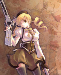 Rule 34 | 10s, 1girl, beret, blonde hair, brown eyes, corset, detached sleeves, drill hair, dual wielding, fingerless gloves, gloves, gun, hat, holding, magical girl, mahou shoujo madoka magica, mahou shoujo madoka magica (anime), nezumipl, one eye closed, rifle, smile, solo, striped clothes, striped thighhighs, thighhighs, tomoe mami, twintails, vertical-striped clothes, vertical-striped thighhighs, weapon, wink, yellow eyes, zettai ryouiki, zoom layer