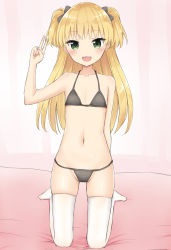Rule 34 | 1girl, :d, bad id, bad pixiv id, bare arms, bare shoulders, bikini, black bikini, black bow, blonde hair, blush, bow, collarbone, commentary request, coraman, fang, fingernails, green eyes, groin, hair bow, hand up, highres, idolmaster, idolmaster cinderella girls, jougasaki rika, kneeling, long hair, navel, no shoes, open mouth, smile, solo, swimsuit, thighhighs, two side up, v, very long hair, white thighhighs