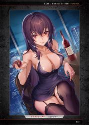 Rule 34 | 1girl, alcohol, bar (place), bare shoulders, black panties, blush, bottle, breasts, cleavage, cup, dress, earrings, fate/grand order, fate (series), garter straps, hair between eyes, halter dress, halterneck, highres, holding, holding cup, jewelry, large breasts, long hair, looking at viewer, panties, purple dress, purple hair, red eyes, sage joh, scathach (fate), sidelocks, sitting, smile, solo, thighhighs, thighs, underwear, very long hair