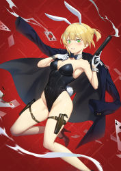 Rule 34 | 1girl, animal ears, bare legs, black bow, black bowtie, black jacket, black leotard, blazer, blonde hair, bolt action, bow, bowtie, breasts, card, churayuki, cleavage, commentary request, detached collar, fake animal ears, girls&#039; frontline, gloves, green eyes, gun, handgun, highres, holster, integral suppressor, integrally-suppressed firearm, jacket, jacket on shoulders, leotard, looking at viewer, manual firearm, medium breasts, playboy bunny, playing card, rabbit ears, rabbit tail, red background, short hair, solo, strapless, strapless leotard, suppressor, tail, twintails, weapon, welrod, welrod mk ii, welrod mkii (girls&#039; frontline), white gloves, wrist cuffs