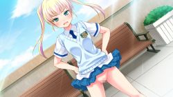 Rule 34 | 1girl, annoyed, bench, blonde hair, blue necktie, blue skirt, blue sky, blush, bomi, censored, clothes lift, cloud, cloudy sky, day, dutch angle, embarrassed, female focus, game cg, green eyes, hands on own hips, konoshiro sayori, light rays, looking at viewer, miniskirt, mosaic censoring, necktie, no panties, no pantsu!!, open mouth, outdoors, plaid, plaid skirt, plant, pussy, school uniform, shirt, skirt, skirt lift, sky, solo, sweater vest, tile floor, tiles, twintails, white shirt