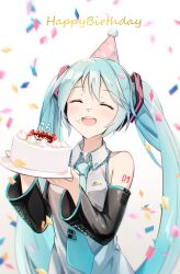 Rule 34 | 1girl, :d, ^ ^, black sleeves, blue hair, blue necktie, cake, closed eyes, collarbone, collared shirt, cream, cream on face, dated, detached sleeves, food, food on face, grey shirt, hair between eyes, hair ornament, happy birthday, hatsune miku, headphones, highres, holding, holding plate, iluka (ffv7), long hair, long sleeves, necktie, open mouth, plate, shirt, sleeveless, sleeveless shirt, smile, solo, twintails, upper body, very long hair, vocaloid, wing collar