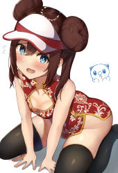 Rule 34 | 1girl, :d, alternate legwear, between legs, black thighhighs, blue eyes, blush, breasts, brown hair, china dress, chinese clothes, cleavage, creatures (company), double bun, downblouse, dress, game freak, gen 5 pokemon, hair between eyes, hair bun, hand between legs, highres, leaning forward, long hair, nintendo, no bra, no panties, open mouth, oshawott, pokemon, pokemon (creature), pokemon bw2, print dress, red dress, rosa (pokemon), short dress, side slit, simple background, sleeveless, sleeveless dress, small breasts, smile, solo, thighhighs, visor cap, wanimaru, white background