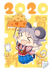 Rule 34 | &gt; &lt;, 1girl, 2020, :d, animal ears, blue hakama, blush, cheese, chinese zodiac, commentary request, food, full body, grey hair, hakama, hakama skirt, hinata yuu, holding, japanese clothes, jumping, kimono, mouse (animal), mouse ears, mouse tail, new year, obi, open mouth, original, red kimono, sandals, sash, short sleeves, skirt, smile, solo focus, striped clothes, striped kimono, swiss cheese, tail, translation request, xd, year of the rat, yellow background