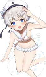 Rule 34 | 1girl, :d, absurdres, bikini, blue eyes, blush, character name, clothes writing, feet out of frame, grey hair, hat, highres, kantai collection, looking at viewer, microskirt, official alternate costume, open mouth, pleated skirt, qqqmei, sailor bikini, sailor collar, sailor hat, short hair, skirt, smile, solo, swimsuit, twitter username, white bikini, white hat, z1 leberecht maass (kancolle)