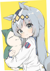 Rule 34 | 1girl, absurdres, ahoge, animal ears, black hair, blue sailor collar, blush, border, closed mouth, commentary request, commission, creatures (company), ear ornament, emblem, eyes visible through hair, game freak, gen 1 pokemon, grey eyes, grey hair, grey tail, highres, horse ears, horse girl, horse tail, hug, long hair, long sleeves, looking at viewer, multicolored hair, nintendo, oguri cap (umamusume), outside border, pokemon, pokemon (creature), sailor collar, sasakungoodsize, shirt, simple background, skeb commission, sketch, smile, snorlax, solo, split mouth, streaked hair, tail, umamusume, upper body, white border, white hair, white shirt, yellow background