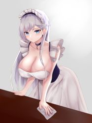 Rule 34 | 1girl, apron, azur lane, belfast (azur lane), blue eyes, breasts, choker, cleavage, collarbone, cuffs, dress, highres, kdkaikai, large breasts, long hair, looking at viewer, maid, maid apron, maid headdress, shackles, silver hair, solo, white background