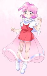 Rule 34 | 1girl, bobby socks, dress, full body, hand up, layered dress, looking at viewer, nonamejd, official style, pink eyes, pink hair, red dress, sara (touhou), see-through, short hair, single horizontal stripe, socks, solo, touhou, touhou (pc-98), white socks, zun (style)