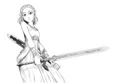 Rule 34 | 1girl, braid, breasts, dress, elf, frown, hair ornament, hairclip, holding, holding sword, holding weapon, nintendo, pointy ears, princess zelda, short hair, solo, standing, sword, the legend of zelda, the legend of zelda: breath of the wild, triforce, weapon