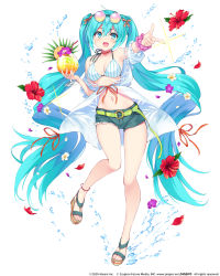 Rule 34 | 1girl, :d, alternate costume, aqua eyes, aqua hair, armpits, bare legs, bare shoulders, belt, bikini, bikini top only, breasts, choker, cleavage, cup, cutoffs, denim, denim shorts, drinking glass, eyewear on head, flower, full body, green shorts, halterneck, hatsune miku, hibiscus, highres, hisen kaede, holding, hurricane glass, long hair, looking at viewer, medium breasts, midriff, navel, o-ring, o-ring belt, off shoulder, official art, open mouth, outstretched arm, red flower, round eyewear, sandals, scrunchie, short shorts, shorts, smile, solo, stomach, striped bikini, striped clothes, sunglasses, swimsuit, thighs, toes, tropical drink, twintails, very long hair, vocaloid, white background, white bikini, wrist scrunchie