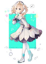 Rule 34 | 1girl, barbara (genshin impact), blonde hair, bubble, closed mouth, commentary request, detached sleeves, dress, frilled cuffs, full body, genshin impact, grey eyes, highres, long sleeves, looking at viewer, medium hair, musical note, pantyhose, simple background, sleeve cuffs, solo, spoken musical note, star (symbol), twintails, two-tone background, white dress, white footwear, white headwear, white pantyhose, yae (yae ringo)