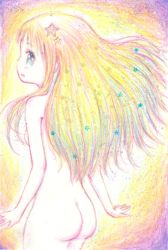 Rule 34 | 1girl, ass, blonde hair, blue eyes, colored pencil (medium), from behind, leica, long hair, nude, original, powara-chan, solo, star (symbol), traditional media