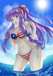 Rule 34 | 1girl, :o, absurdres, alternate costume, alternate hairstyle, american flag bikini, bikini, bikini pull, blush, breasts, cleavage, clothes pull, crescent, crescent hair ornament, day, flag print, hair ornament, hair ribbon, highres, large breasts, long hair, navel, ocean, open mouth, patchouli knowledge, ponytail, pulled by self, purple eyes, purple hair, ribbon, side-tie bikini bottom, sky, soaking feet, solo, sun, swimsuit, touhou, vycma, wading, water, wet