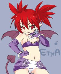 Rule 34 | 1girl, absurdres, bare shoulders, bat wings, demon girl, demon tail, disgaea, earrings, etna (disgaea), female focus, flat chest, gloves, highres, jewelry, midriff, miniskirt, navel, panties, pointy ears, red eyes, red hair, simple background, skirt, skull, smile, solo, tail, twintails, underwear, wings