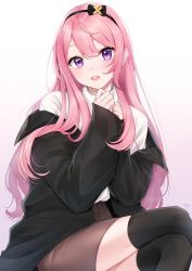 Rule 34 | 1boy, black bow, black jacket, black thighhighs, bow, brown skirt, copyright request, hair bow, hairband, highres, holostars, jacket, long hair, long sleeves, looking at viewer, male focus, mizuiro 32, open mouth, parted lips, pink hair, purple eyes, signature, sitting, skirt, solo, sweater, thighhighs, trap, tsukishita kaoru, turtleneck, turtleneck sweater, virtual youtuber, white sweater