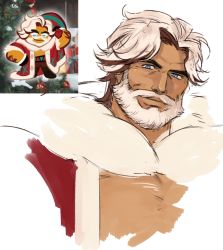 Rule 34 | 1boy, bara, beard, blue eyes, ch1du, coat, cookie run, eggnog cookie, facial hair, fur trim, head tilt, korean commentary, looking at viewer, male focus, mustache, parted bangs, pectoral cleavage, pectorals, reference inset, santa costume, short hair, simple background, solo, thick eyebrows, upper body, white background, white hair