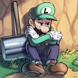 Rule 34 | blue overalls, boots, brown footwear, brown hair, crossed arms, crying, crying with eyes open, facial hair, gloves, grass, green headwear, green shirt, hammer, hat, luigi, mario &amp; luigi: superstar saga, mario &amp; luigi rpg, mario &amp; luigi rpg (style), mario (series), mustache, nintendo, on ground, outdoors, overalls, shirt, sitting, socks, striped clothes, striped socks, tears, white gloves, ya mari 6363