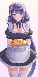 Rule 34 | 1girl, absurdres, alternate costume, apron, black dress, black ribbon, blunt bangs, blush, braid, breasts, closed mouth, commentary, dress, enmaided, food, food writing, foreshortening, frilled apron, frills, genshin impact, hair ornament, heart, highres, holding, large breasts, long hair, looking at viewer, low-braided long hair, low-tied long hair, maid, maid headdress, mole, mole under eye, petticoat, plate, puffy short sleeves, puffy sleeves, purple eyes, purple hair, raiden shogun, ribbon, seungju lee, short sleeves, solo, standing, thigh gap, thighhighs, thighs, very long hair, waist apron, white apron, white thighhighs