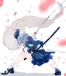Rule 34 | 1girl, blue eyes, blue hair, bow, commentary request, from side, full body, hair bow, highres, hitodama, holding, holding sword, holding weapon, ikurauni, konpaku youmu, legs apart, multicolored background, petals, sheath, short hair, skirt, skirt set, socks, solo, sword, touhou, vest, weapon, white socks