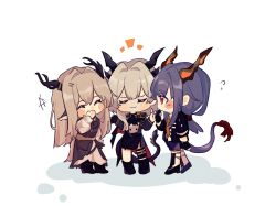Rule 34 | +++, 3girls, alina (arknights), arknights, black dress, black footwear, black gloves, black jacket, black shorts, black skirt, blue hair, blush stickers, boots, brown hair, ch&#039;en (arknights), chibi, closed eyes, closed mouth, collared shirt, commentary request, dragon girl, dragon horns, dragon tail, dress, fingerless gloves, flying sweatdrops, gloves, guodzidongxian, hair between eyes, hair intakes, hand to own mouth, highres, horns, jacket, long hair, long sleeves, multiple girls, necktie, notice lines, orange necktie, profile, puffy long sleeves, puffy sleeves, red eyes, shadow, shirt, shoes, short shorts, shorts, shrugging, siblings, single glove, sisters, skirt, standing, tail, talulah (arknights), very long hair, white background, white shirt