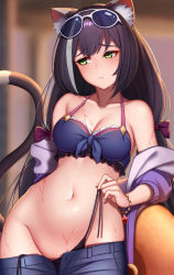 Rule 34 | 1girl, :o, animal ear fluff, animal ears, arm behind back, bare shoulders, bikini, bikini under clothes, blue bikini, blurry, blurry background, blush, bow, bracelet, breasts, cat ears, cat girl, cat tail, cleavage, collarbone, cowboy shot, depth of field, dydydyok, eyewear on head, frilled bikini, frills, front-tie bikini top, front-tie top, green eyes, groin, hair bow, highres, innertube, jacket, jewelry, karyl (princess connect!), karyl (summer) (princess connect!), long hair, long sleeves, looking away, looking to the side, low twintails, medium breasts, navel, off shoulder, open clothes, open fly, open jacket, open shorts, parted lips, princess connect!, purple bow, purple jacket, shorts, side-tie bikini bottom, solo, stomach, sunglasses, sweat, swim ring, swimsuit, tail, twintails, untied bikini, very long hair, white-framed eyewear