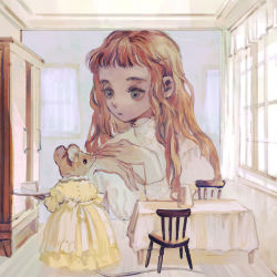 Rule 34 | 1girl, animal, apron, architecture, blue eyes, blunt bangs, brown hair, cabinet, chair, cheese, clothed animal, curtains, doll house, dress, expressionless, food, high collar, highres, indoors, kettle, long hair, long sleeves, looking at another, mouse (animal), muted color, original, own hands together, pastel colors, puffy sleeves, room, roomscape, shirt, short bangs, standing, table, tablecloth, tono (rt0no), white apron, white shirt, white theme, window, yellow dress