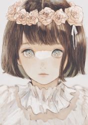 Rule 34 | 1girl, blue eyes, blunt bangs, bob cut, brown hair, child, close-up, closed mouth, commentary request, crying, crying with eyes open, expressionless, eyelashes, flower, frills, grey background, hair ribbon, head wreath, high collar, highres, lips, long eyelashes, looking at viewer, muted color, orie h, original, pink flower, pink rose, portrait, ribbon, rose, shaded face, simple background, solo, tareme, tears, upper body, white ribbon