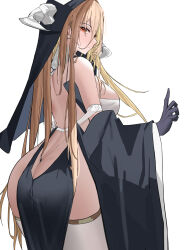 Rule 34 | 1girl, ass, azur lane, back, backless dress, backless outfit, bare back, bare shoulders, black dress, black gloves, black headwear, blonde hair, blush, breasts, butt crack, closed mouth, cowboy shot, detached sleeves, dress, elbow gloves, fake horns, from behind, from side, gloves, habit, hair between eyes, hand up, highres, horns, implacable (azur lane), index finger raised, large breasts, long hair, long sleeves, looking at viewer, looking back, nun, pelvic curtain, red eyes, revealing clothes, sideboob, simple background, skindentation, smile, solo, standing, thighhighs, thighs, veil, very long hair, vmm343, white background, white thighhighs, wide sleeves