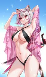 Rule 34 | 1girl, :o, animal ear fluff, animal ears, arm behind head, artist name, bikini, black bikini, breasts, cat ears, cat girl, cleavage, collarbone, commentary, commission, grey hair, highres, indie virtual youtuber, medium breasts, navel, open mouth, pink eyes, red eyes, ringeko-chan, short hair, solo, stomach, swimsuit, sword, symbol-only commentary, underboob, vex (vtuber), virtual youtuber, weapon, weapon on back