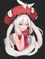Rule 34 | 1girl, black background, blue eyes, cropped torso, dress, fate/grand order, fate (series), gloves, hat, highres, jewelry, marie antoinette (fate), red gloves, ring, sleeveless, sleeveless dress, smile, solo, takenashi eri, twintails, white hair