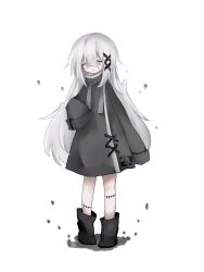 Rule 34 | 1girl, black footwear, boots, coat, drawstring, full body, grey coat, grey eyes, grey hair, hair ornament, high collar, highres, long bangs, long hair, long sleeves, looking at viewer, original, parted lips, simple background, sleeves past fingers, sleeves past wrists, solo, soragiri tudu, sotofu (so hu), standing, stitched leg, stitches, tachi-e, transparent background, utau, very long hair, x hair ornament
