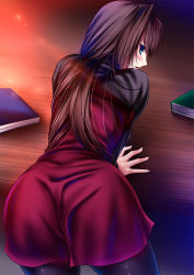 Rule 34 | 1girl, akeyama kitsune, aozaki aoko, arm support, ass, blue eyes, blush, book, brown hair, casual, dress, from above, from behind, gluteal fold, leaning on table, mahou tsukai no yoru, pantyhose, red dress, solo, table