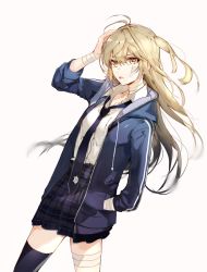 Rule 34 | 1girl, antenna hair, bandaged arm, bandaged leg, bandages, bandaid, black thighhighs, blonde hair, commentary, hair between eyes, hand in pocket, hand on own head, highres, long hair, looking at viewer, naru (ul), necktie, original, school uniform, simple background, solo, thighhighs, white background, yellow eyes